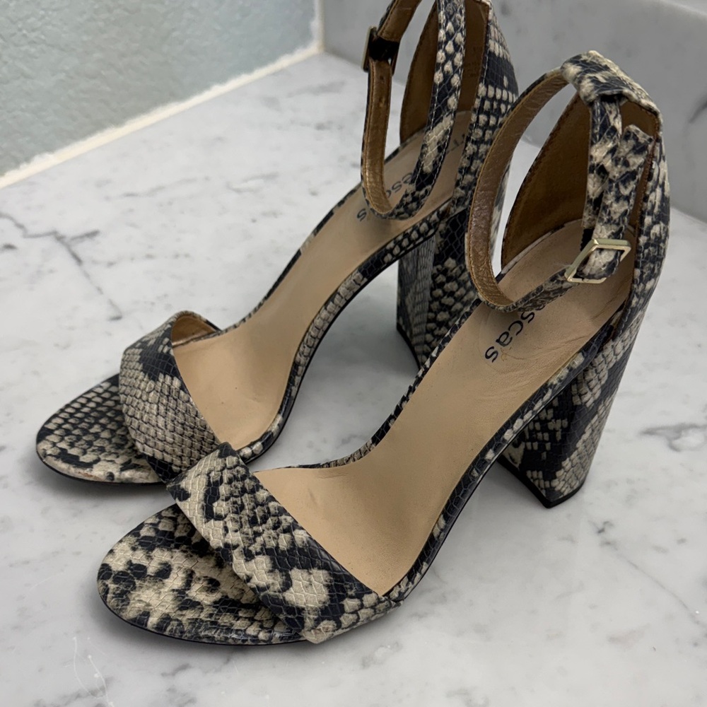 Francesca's Collections Black and Beige Snake-Print Ankle Strap Block Heels